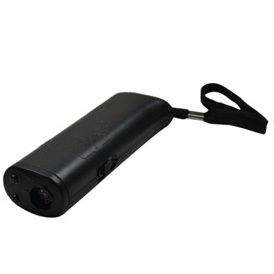 Black ultrasonic dog repeller device with wrist strap on white background