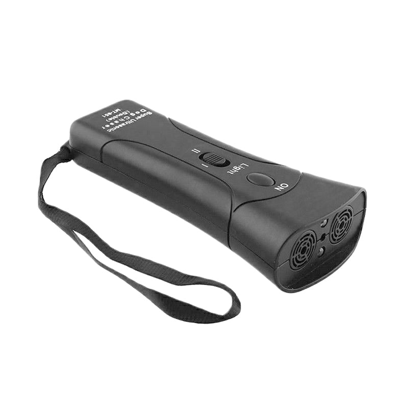 Black ultrasonic dog repeller device with wrist strap and control buttons for dog training