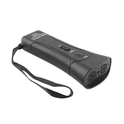 Black ultrasonic dog repeller device with wrist strap and control buttons for dog training