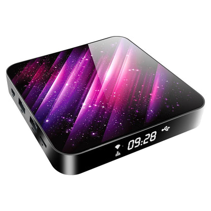 Black rectangular Android TV box with digital clock display and purple galaxy design on top