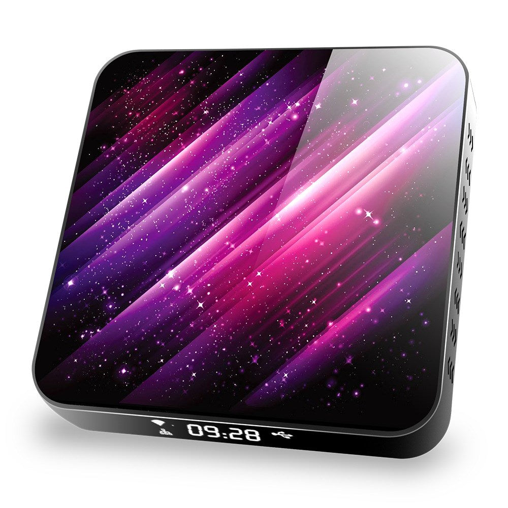 Trendoligy H40 6K Android TV box with 4GB RAM, 64GB storage, purple starry design