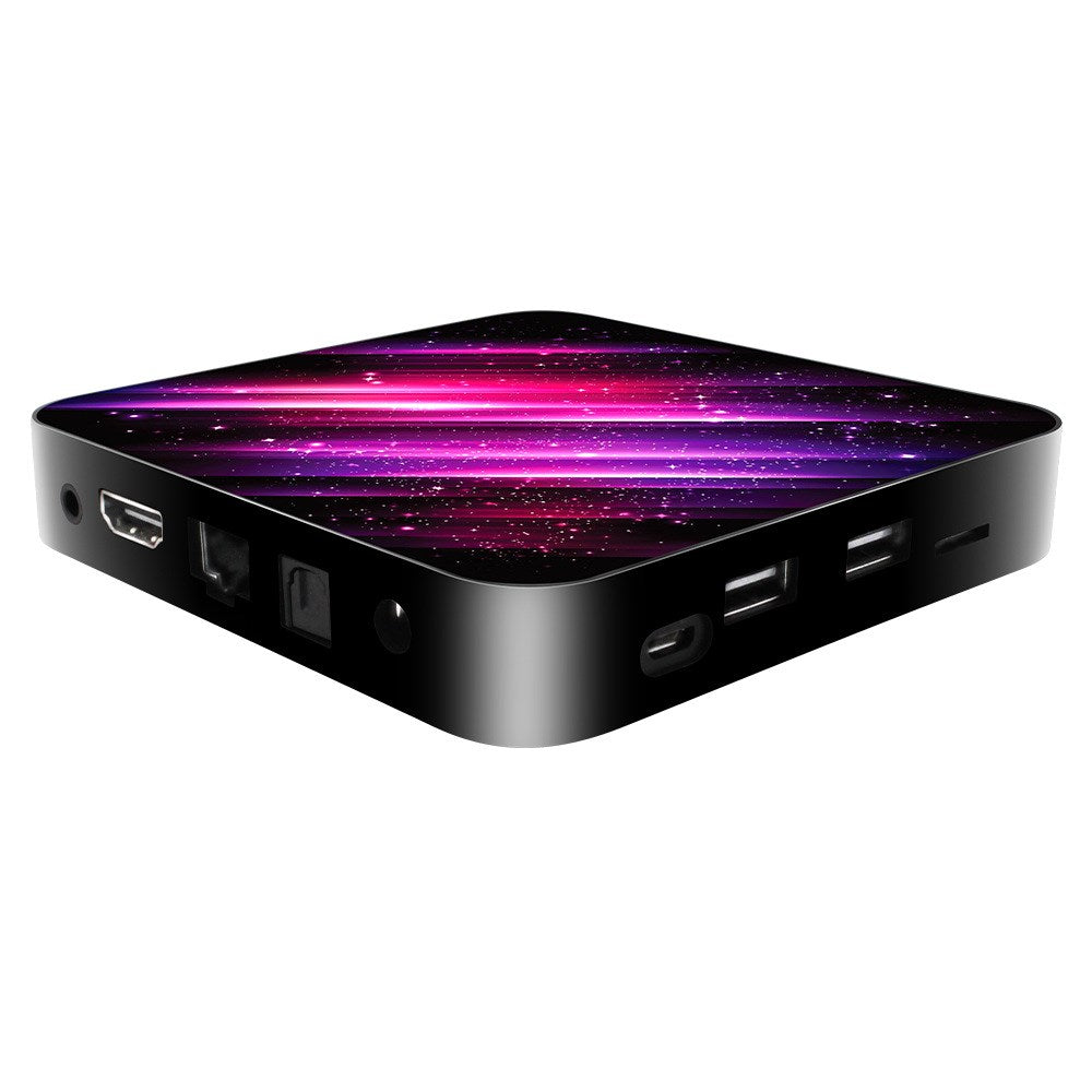 Compact black Android TV box with colorful purple and pink cosmic top design and multiple HDMI and USB ports
