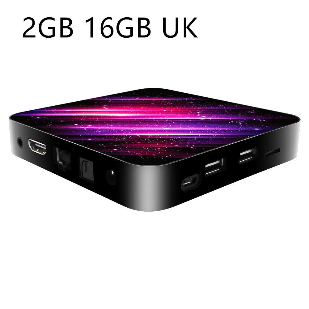 Compact Android TV box with 2GB RAM, 16GB storage, black case and pink-purple cosmic design top