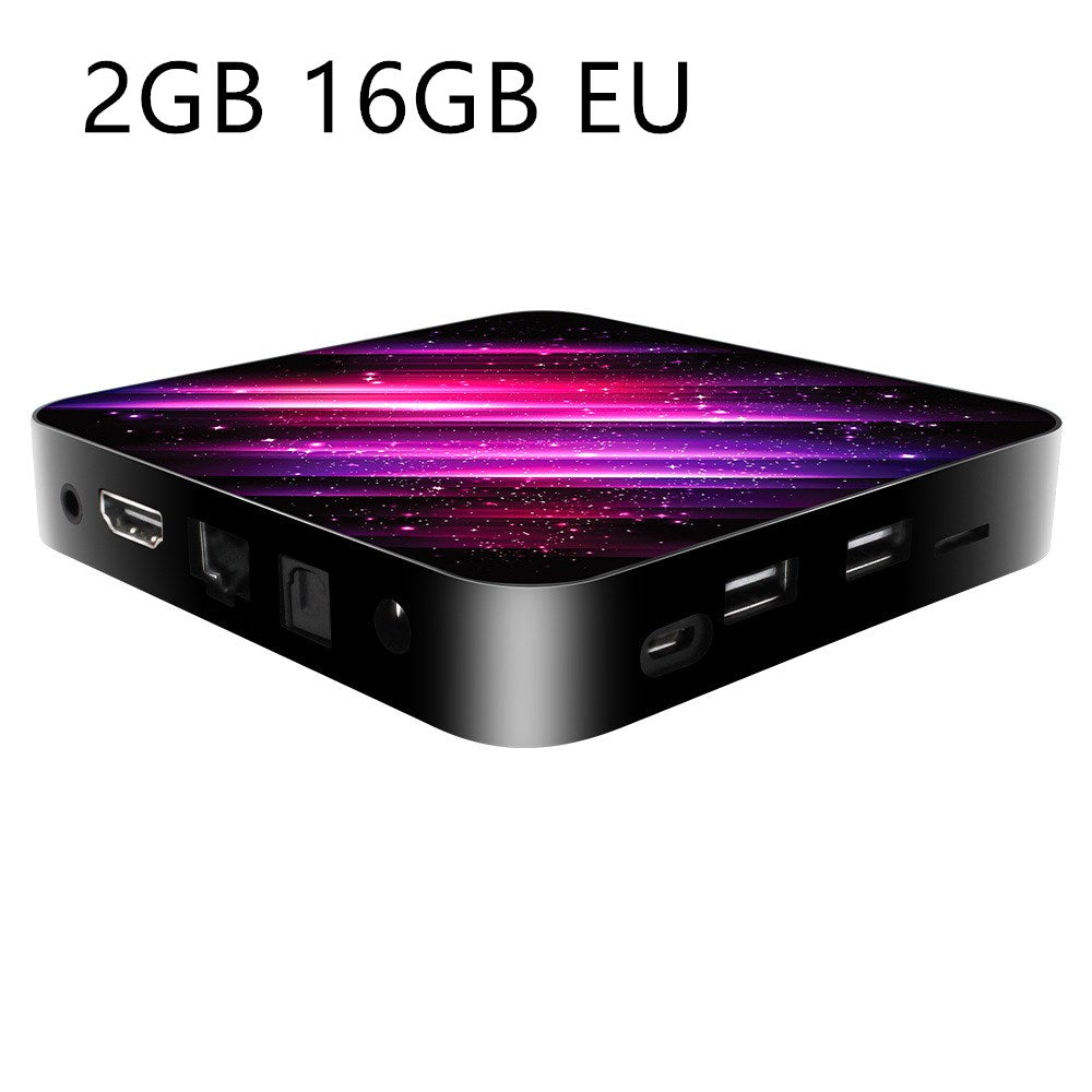 Compact black Android TV box with purple and pink neon light design, multiple USB and HDMI ports