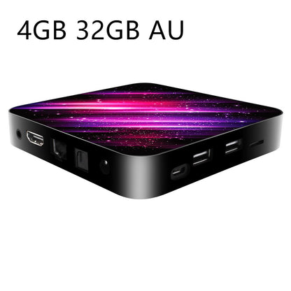 Black Android TV box with colorful purple and pink cosmic design, multiple USB and HDMI ports
