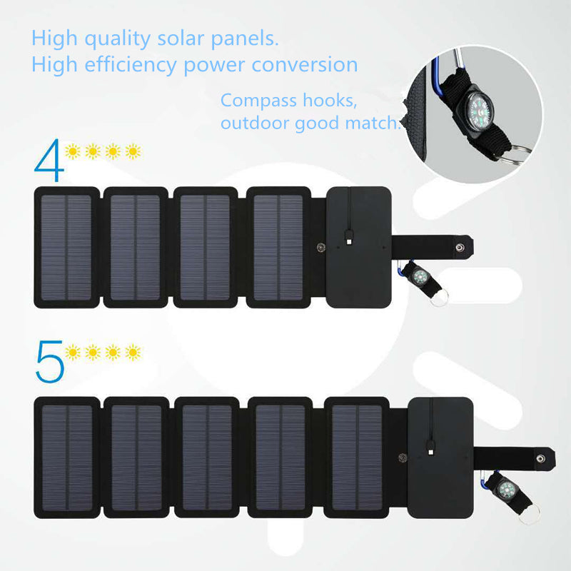 Two foldable portable solar panels with compass hooks low and high power conversion shown