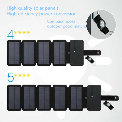 Two foldable portable solar panels with compass hooks low and high power conversion shown
