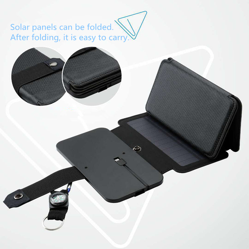 Portable foldable black solar charger with solar panels and built-in compass on strap