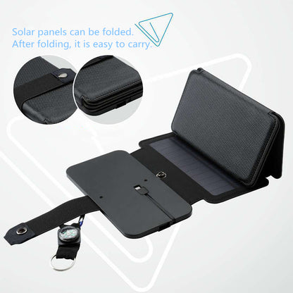 Portable foldable black solar charger with solar panels and built-in compass on strap