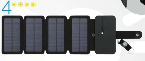 black 4-panel portable solar charger with digital compass on black leather case