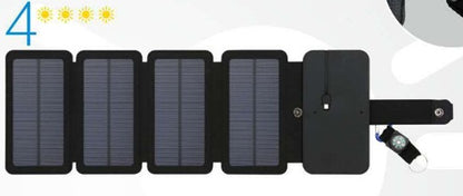 black 4-panel portable solar charger with digital compass on black leather case