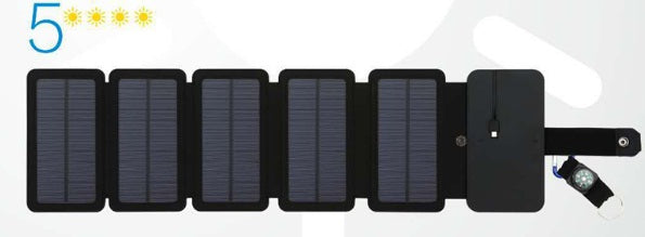 Black 7.2W portable solar charger with five foldable solar panels and integrated compass on white background