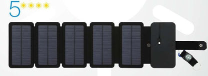 Black 7.2W portable solar charger with five foldable solar panels and integrated compass on white background