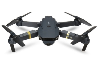 Black foldable quadcopter drone with four propellers, front camera, and yellow stripe accents