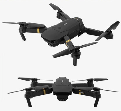Black foldable quadcopter drone with WiFi camera and gold stripes on propeller arms shown from top and front views
