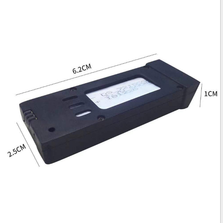 Black rectangular battery pack with dimensions 6.2cm by 2.5cm by 1cm featuring a label and connectors