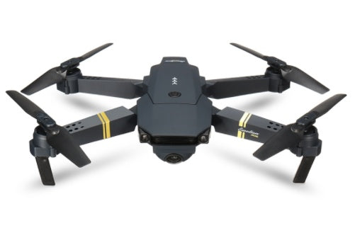 Black quadcopter drone with four propellers and dual cameras on white background