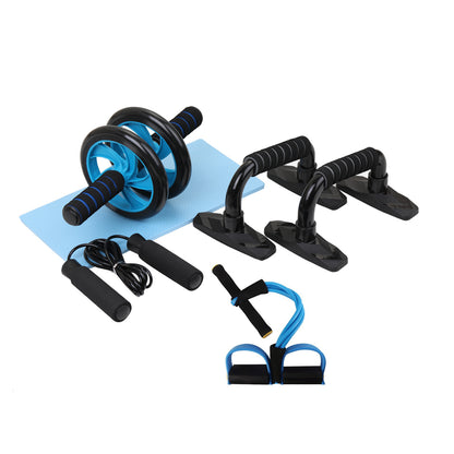 Blue and black ab roller wheel, push-up bars, jump rope, resistance bands, and blue exercise mat set for home gym