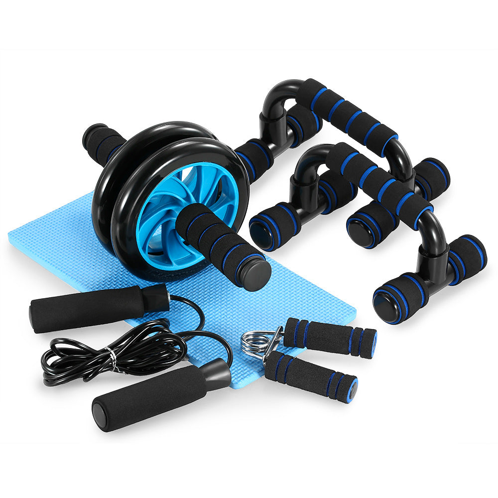 Black and blue ab roller wheel, push-up bars, jump rope, hand grip, and blue knee pad fitness kit