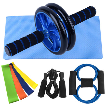 Blue ab roller wheel with black grips, resistance bands, jump rope, and hand grip trainer on blue mat