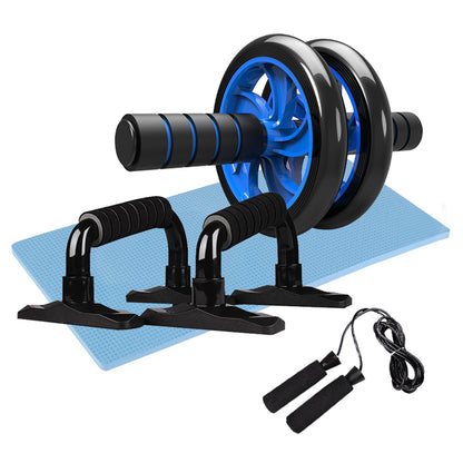 Blue and black ab roller wheel, push-up bars, jump rope, and blue exercise mat fitness kit