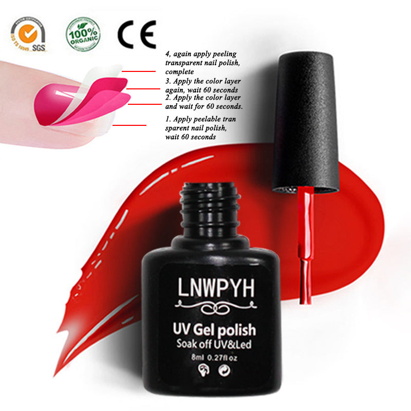 LNWPYH red UV gel nail polish bottle with brush and red polish smear, step-by-step application guide