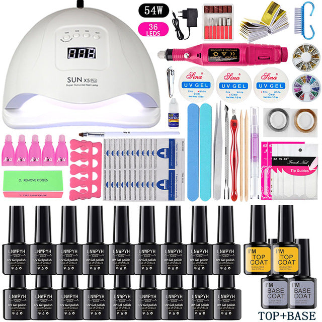 Professional manicure set with 18 colorful UV gel nail polishes, LED nail lamp, nail drill, and manicure tools