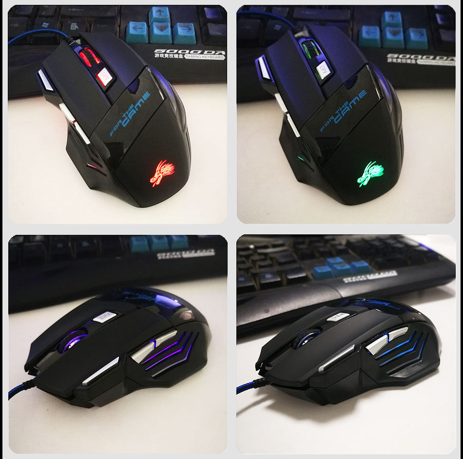Black wired gaming mouse with RGB lighting and multiple programmable buttons on white desk near mechanical keyboard