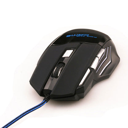 Black wired gaming mouse with 7 buttons, blue braided cable, and ergonomic design