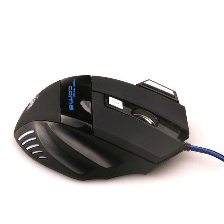 Black wired gaming mouse with ergonomic design, 7 buttons, blue accents, and scroll wheel on white background