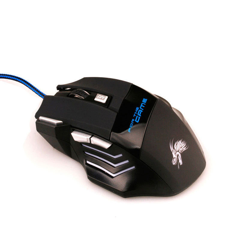 Black wired gaming mouse with blue braided cable, multiple silver buttons, and 'For The Game' text