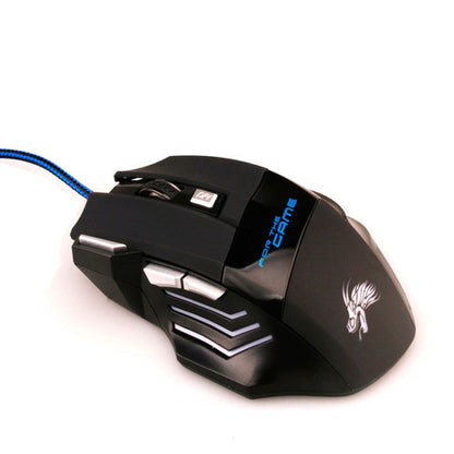 Black wired gaming mouse with blue braided cable, multiple silver buttons, and 'For The Game' text