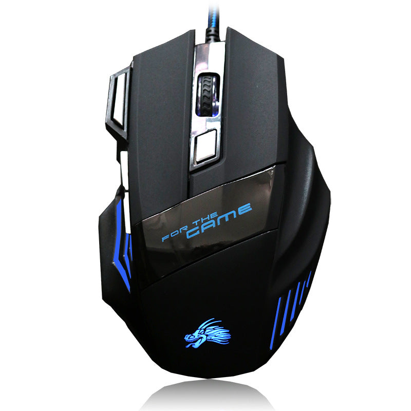 Black wired gaming mouse with blue LED dragon logo, 7 buttons, and textured scroll wheel