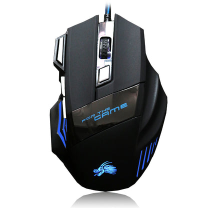 Black wired gaming mouse with blue LED dragon logo, 7 buttons, and textured scroll wheel