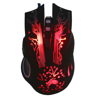 Black wired gaming mouse with red LED circuit pattern and dragon logo, six keys, ergonomic design
