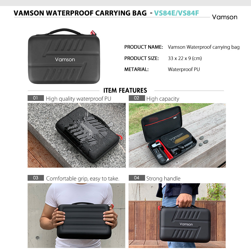 Vamson waterproof carrying bag in black with strong handle, water-resistant PU material, and high capacity for camera gear