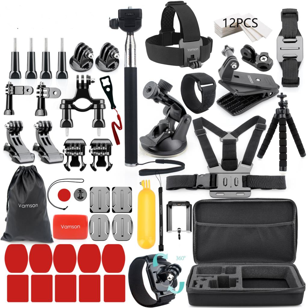 Vamson action camera accessories kit with mounts, straps, tripod, chest harness, floating handle, and storage case