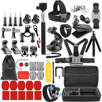 Vamson action camera accessories kit with mounts, straps, tripod, chest harness, floating handle, and storage case