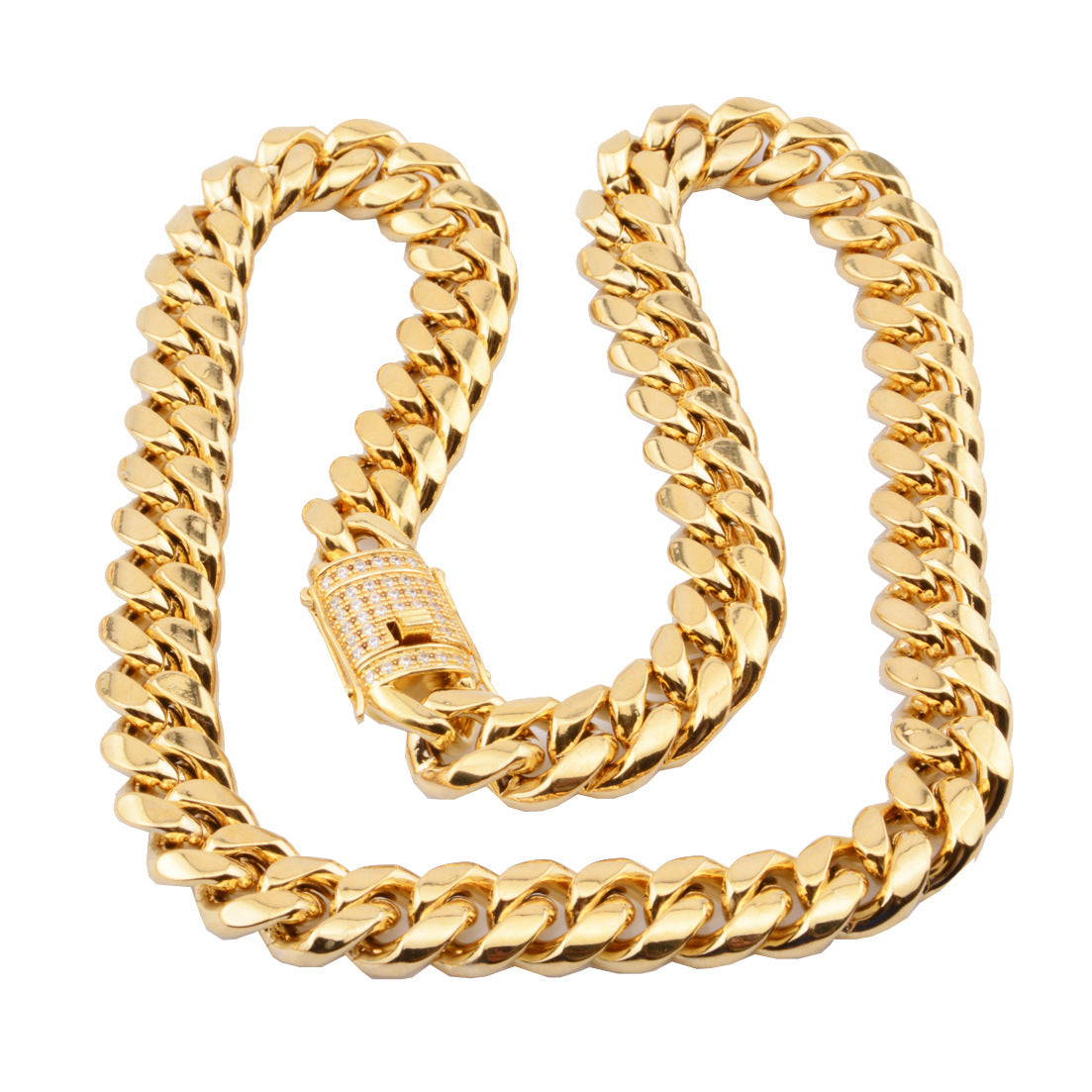 Chunky 30-inch 0.8mm gold Cuban link chain necklace with diamond-studded clasp