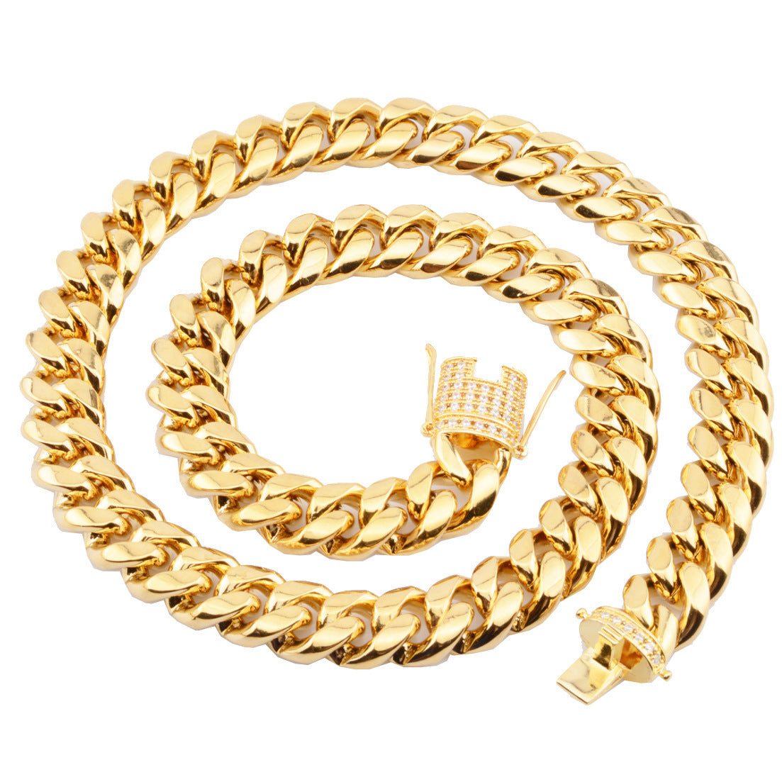 Chunky men's gold Cuban link chain necklace with diamond clasp on white background