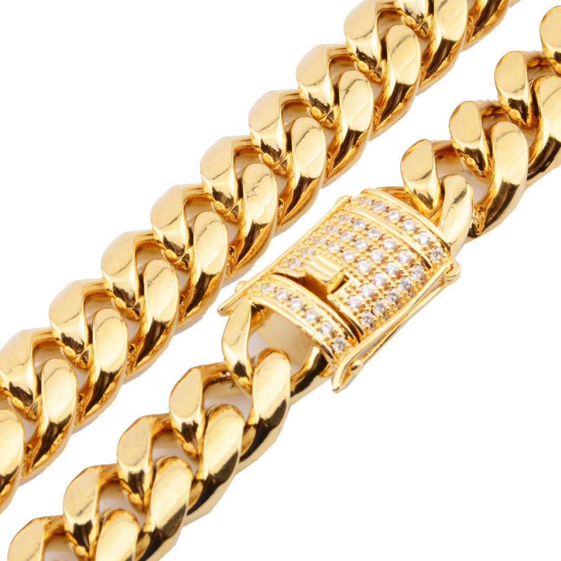 Chunky gold Cuban link chain necklace with diamond-studded clasp on white background