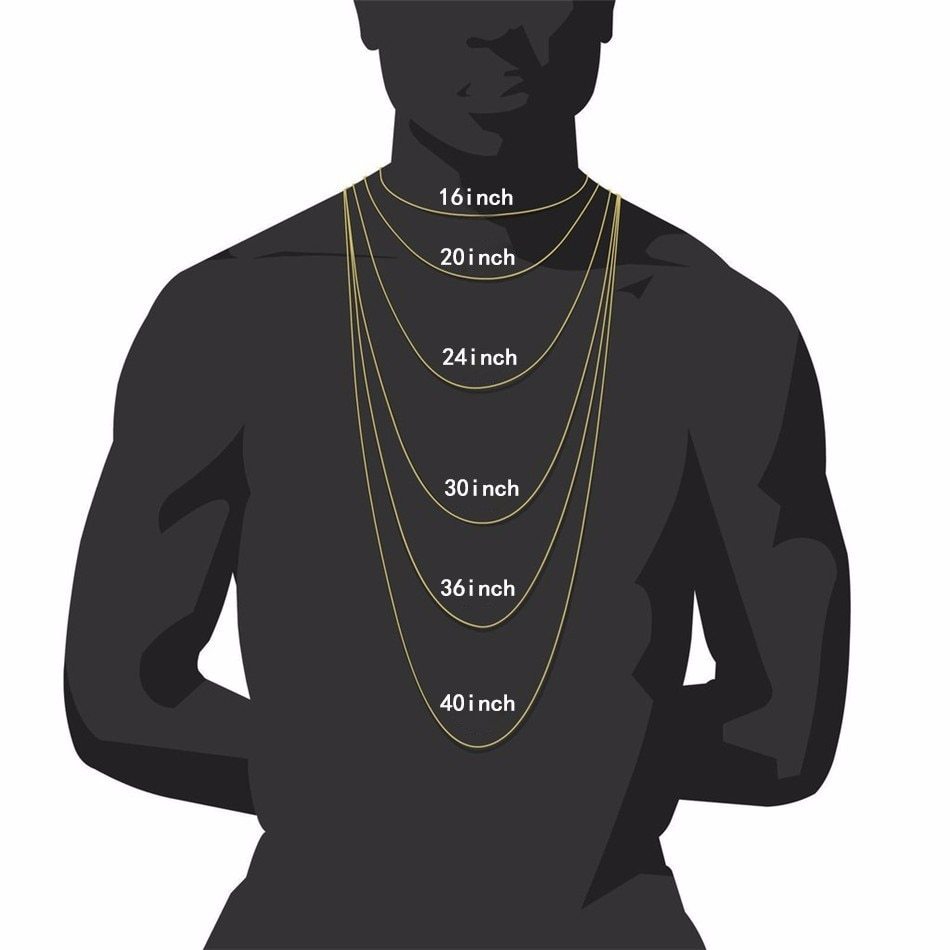 Illustration of a male silhouette wearing gold chains in lengths 16, 20, 24, 30, 36, and 40 inches