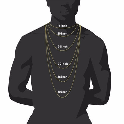 Illustration of a male silhouette wearing gold chains in lengths 16, 20, 24, 30, 36, and 40 inches
