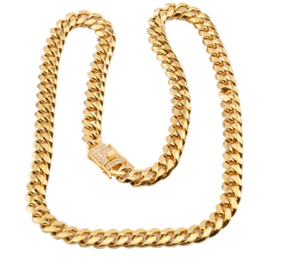 Chunky 30-inch gold Cuban chain necklace with stainless steel links and decorative clasp