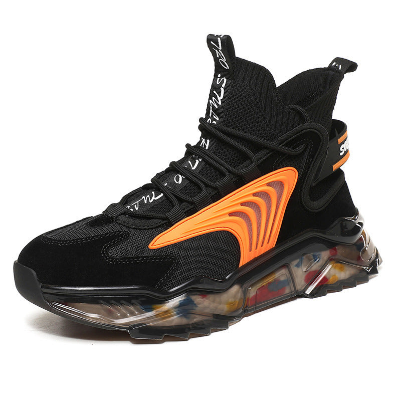 Men's high-top black sneakers with breathable knit, orange accent, durable transparent sole, and ankle support