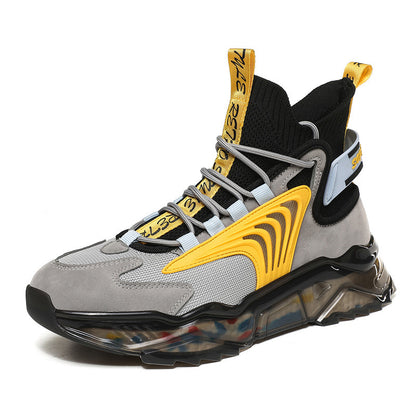Men's high top sneakers with grey mesh, yellow accents, black ankle support, and durable black sole