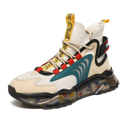 Men's high-top breathable casual sneaker with beige upper, teal side design, yellow tongue tab, and transparent chunky sole