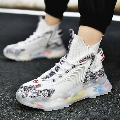 Men's white high-top sneakers with colorful marbled patterns and translucent multicolor sole on asphalt