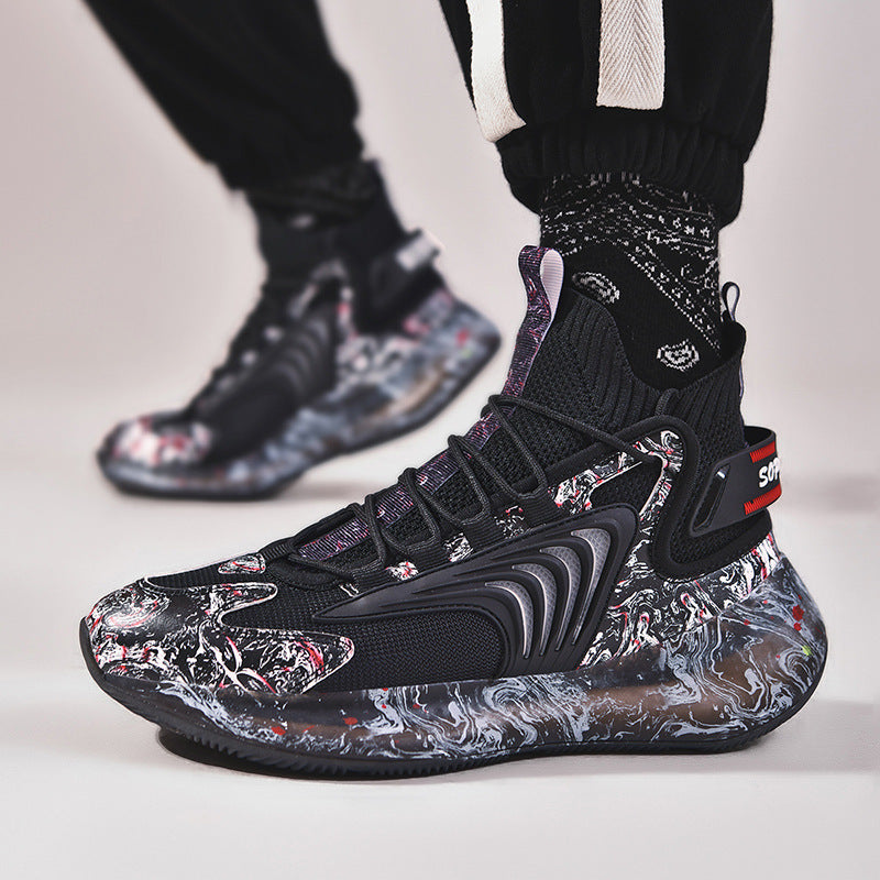 Men's high-top black sneakers with abstract white and red marble pattern and durable sole