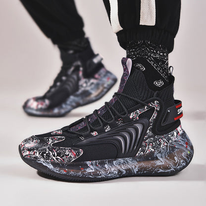 Men's high-top black sneakers with abstract white and red marble pattern and durable sole
